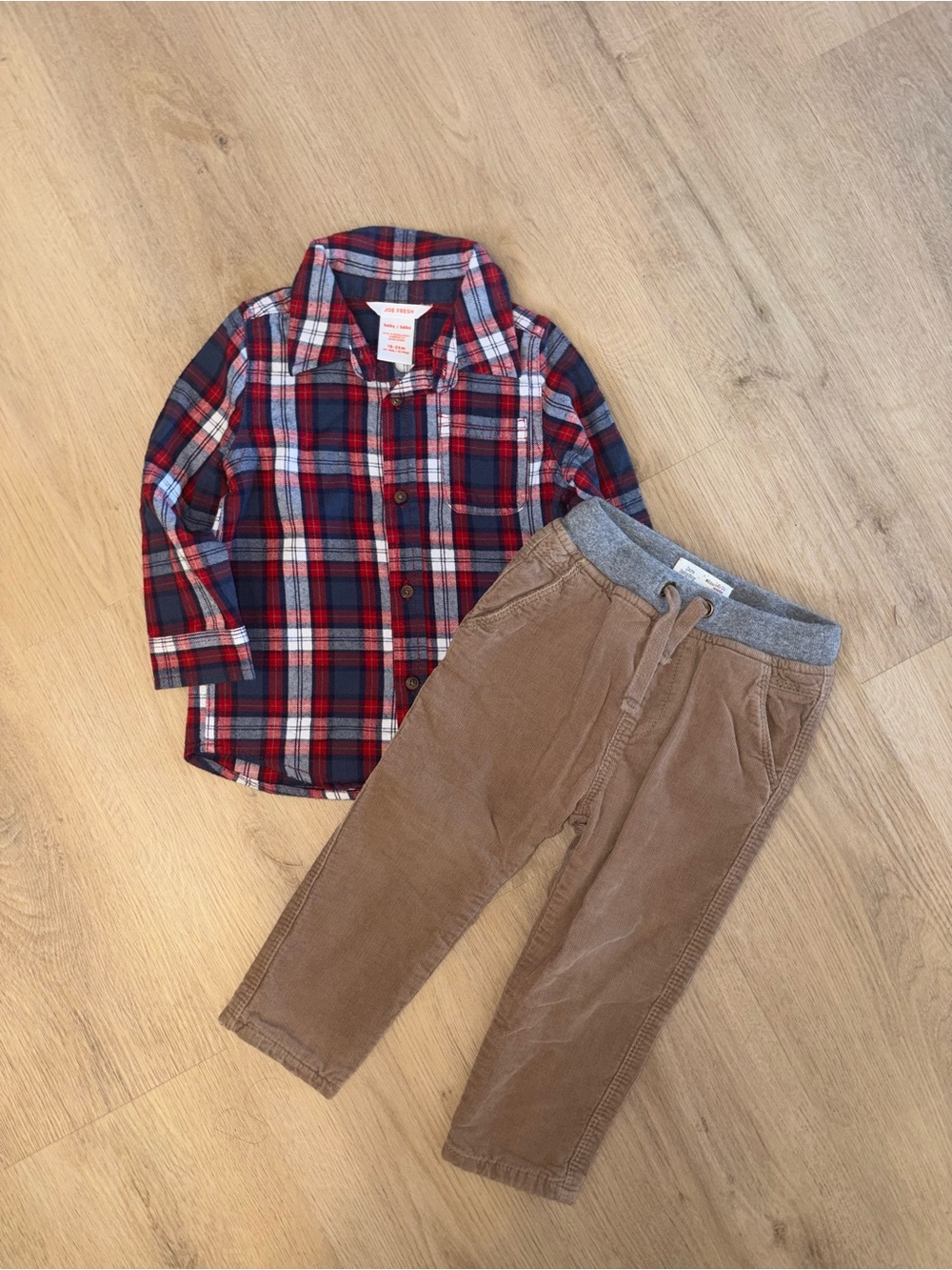 Joe Red Navy Plaid Shirt with zara Brown Corduroy Pants Kids Matching Set